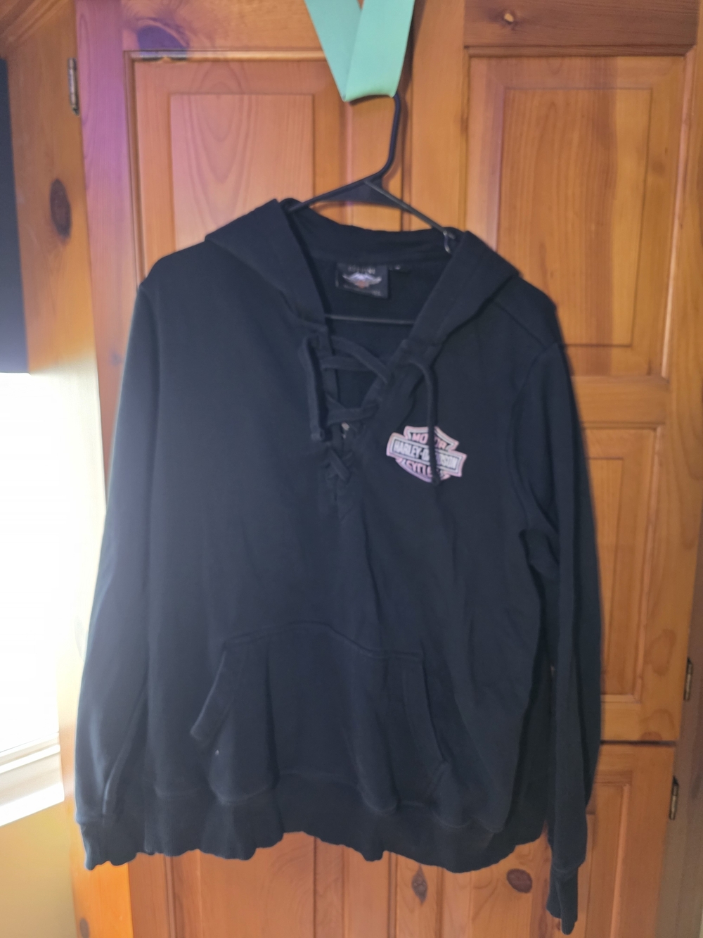 Harley-Davidson Black Lace-Up Hoodie with Pink Logo Accent